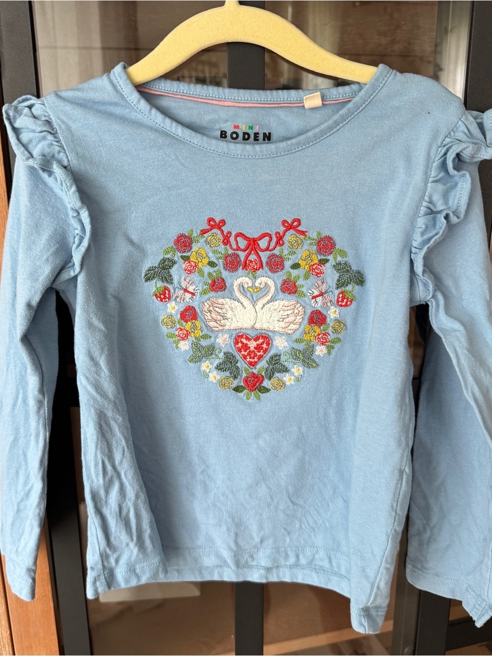 Mini Boden swans embroidered tee long sleeve bows ruffle toddler girl floral